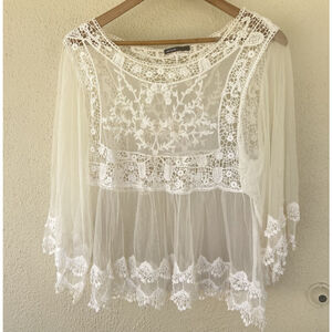 Love Culture Sheer Mesh Crochet Lace Bell Sleeve Blouse Boho Coquette Festival